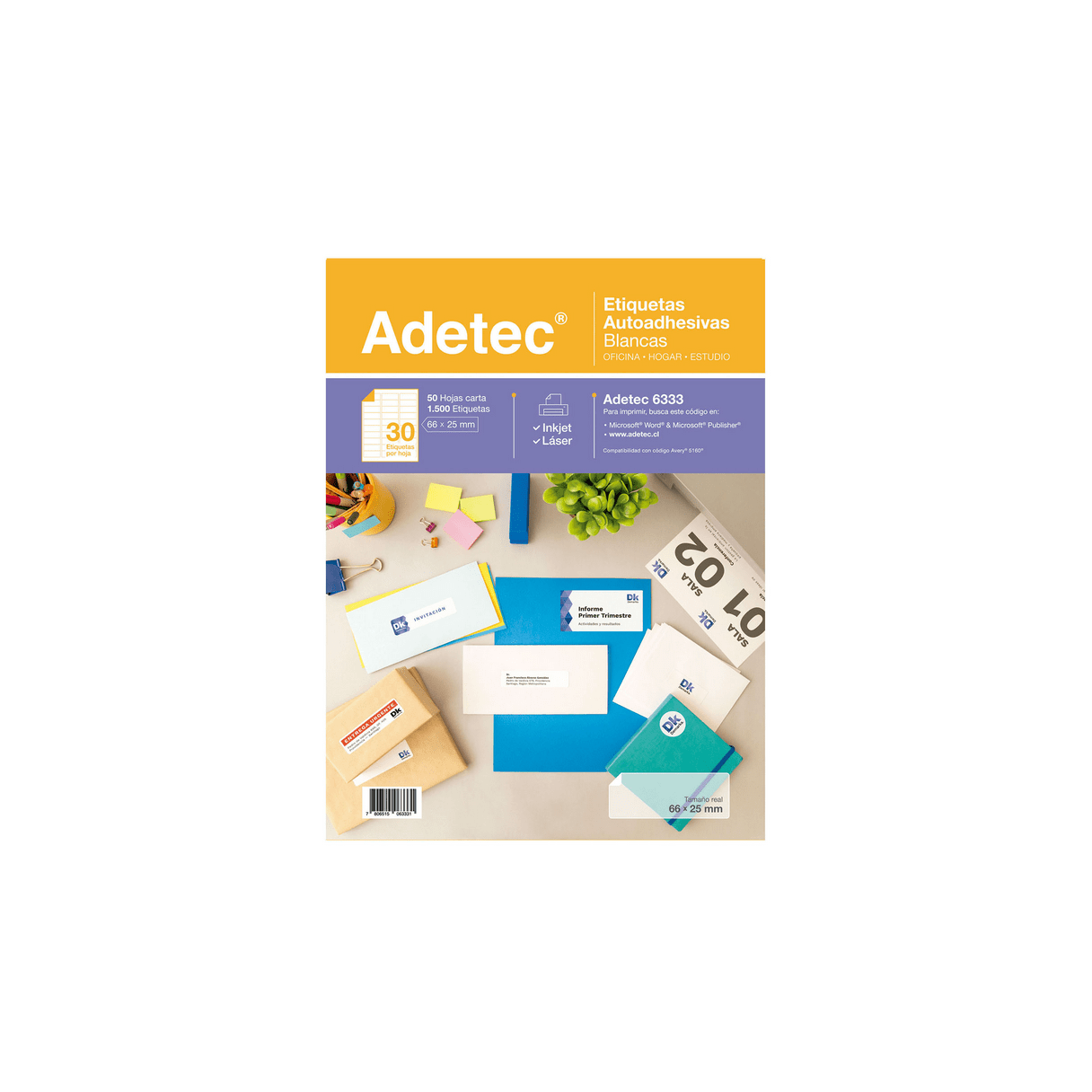 Etiqueta autoadhesiva Adetec 66x25 mm 30 por hoja 50 unidades-0