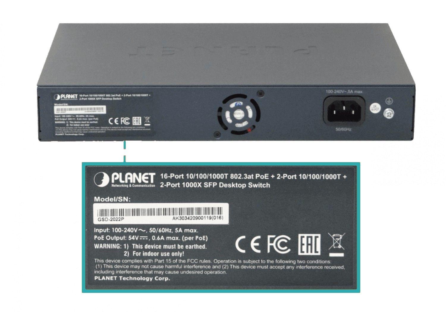 Switch Planet 18-1000 185 W con 20 puertos y 2 SFP-1