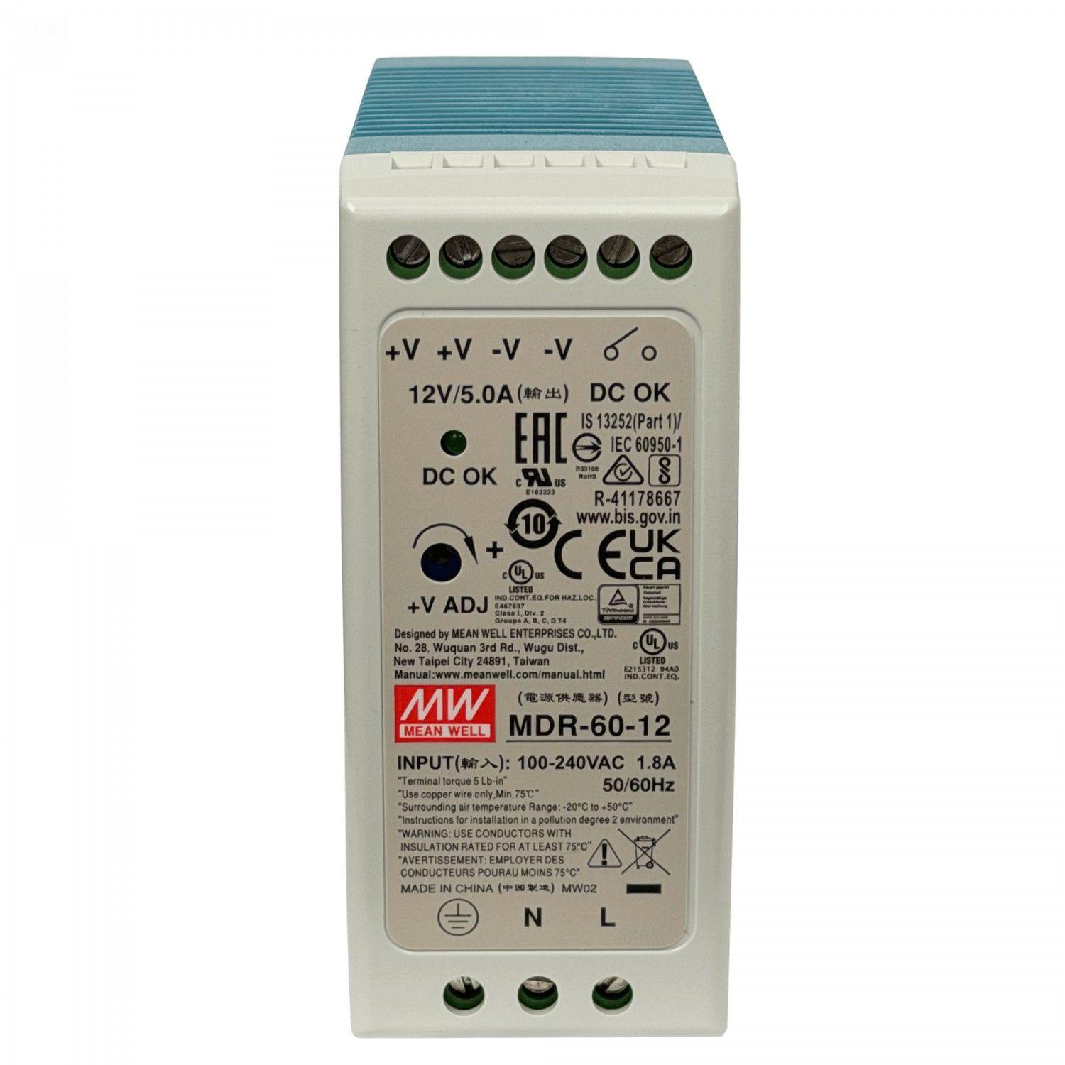Fuente de poder Meanwell 12 V 60 W 5 A ajustable ancho 42 mm riel DIN-1