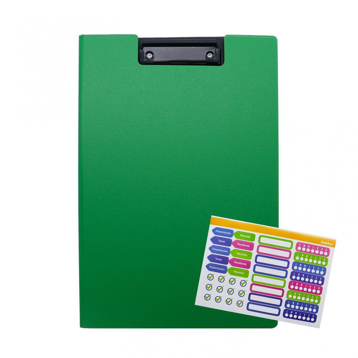 Tabla Apretapapel Adetec Doble con pinza metálica y bolsillo interior verde-2
