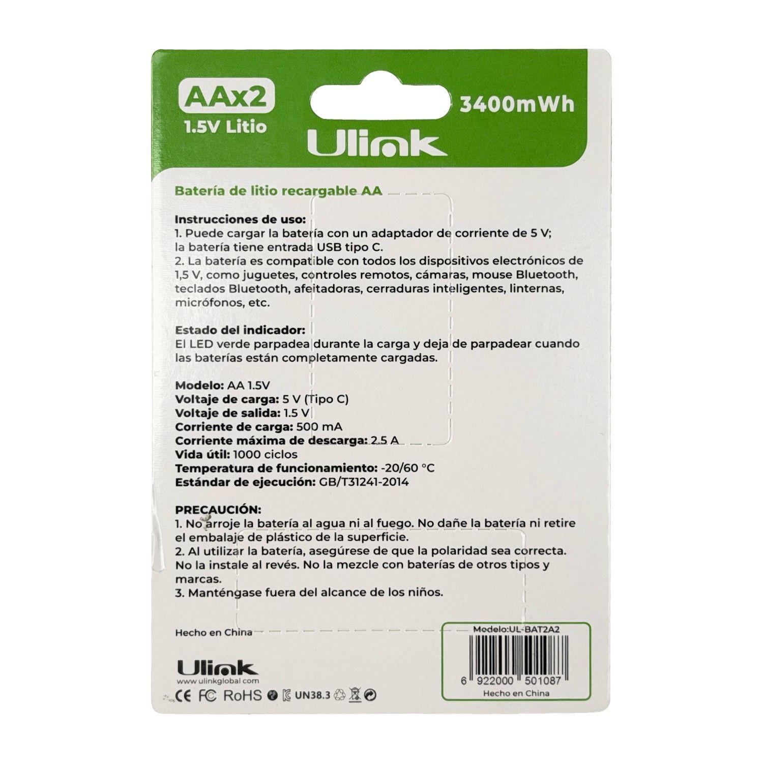 Batería recargable Ulink AA 3400 Wh USB-C 1,5 V Li-ion-5