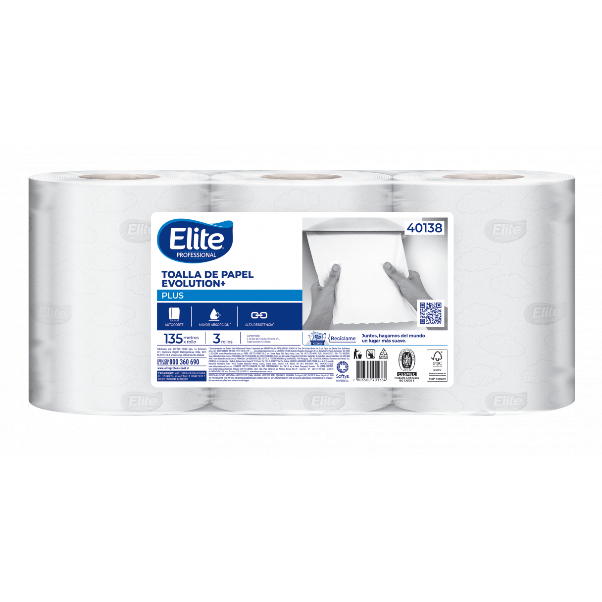 Toalla de papel Elite Profesional autocorte 3 rollos 135 m hoja simple-0