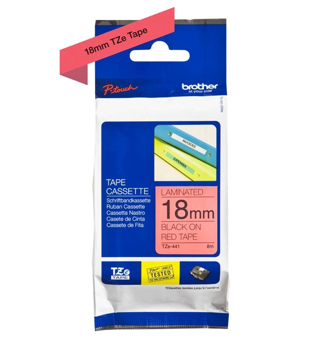 Cinta Brother TZe441 18 mm negro en fondo rojo 8 m-1