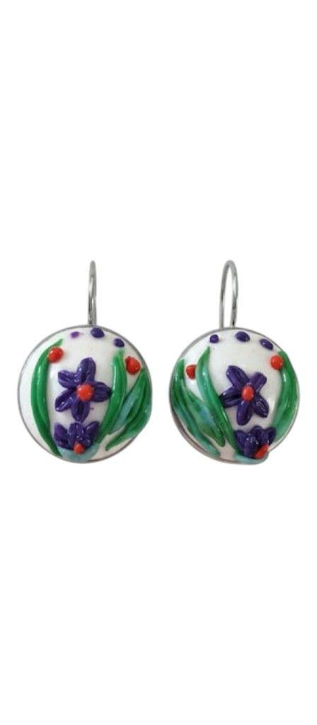 Aros florales de cer mica blanca pintados a mano Kawita Joyas-1
