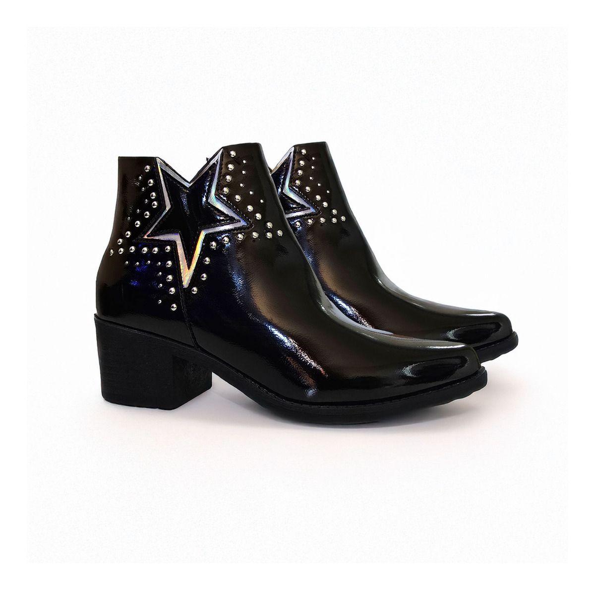 Botin De Mujer Diseño Estrella Color Negro Brillante -7668-2