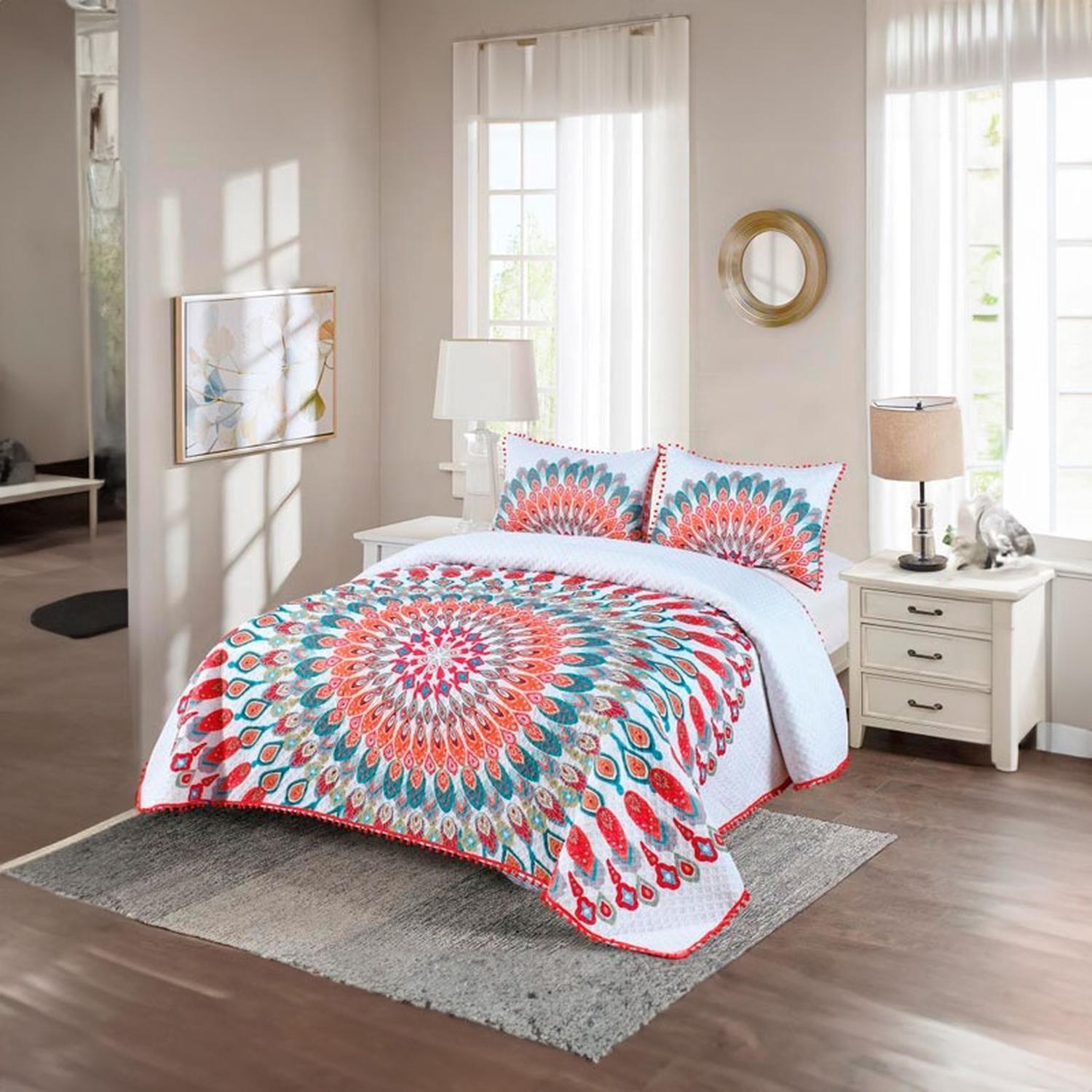 Cubrecama Quilt 2 Plazas Diseño Mandala Real Con Pompones-2