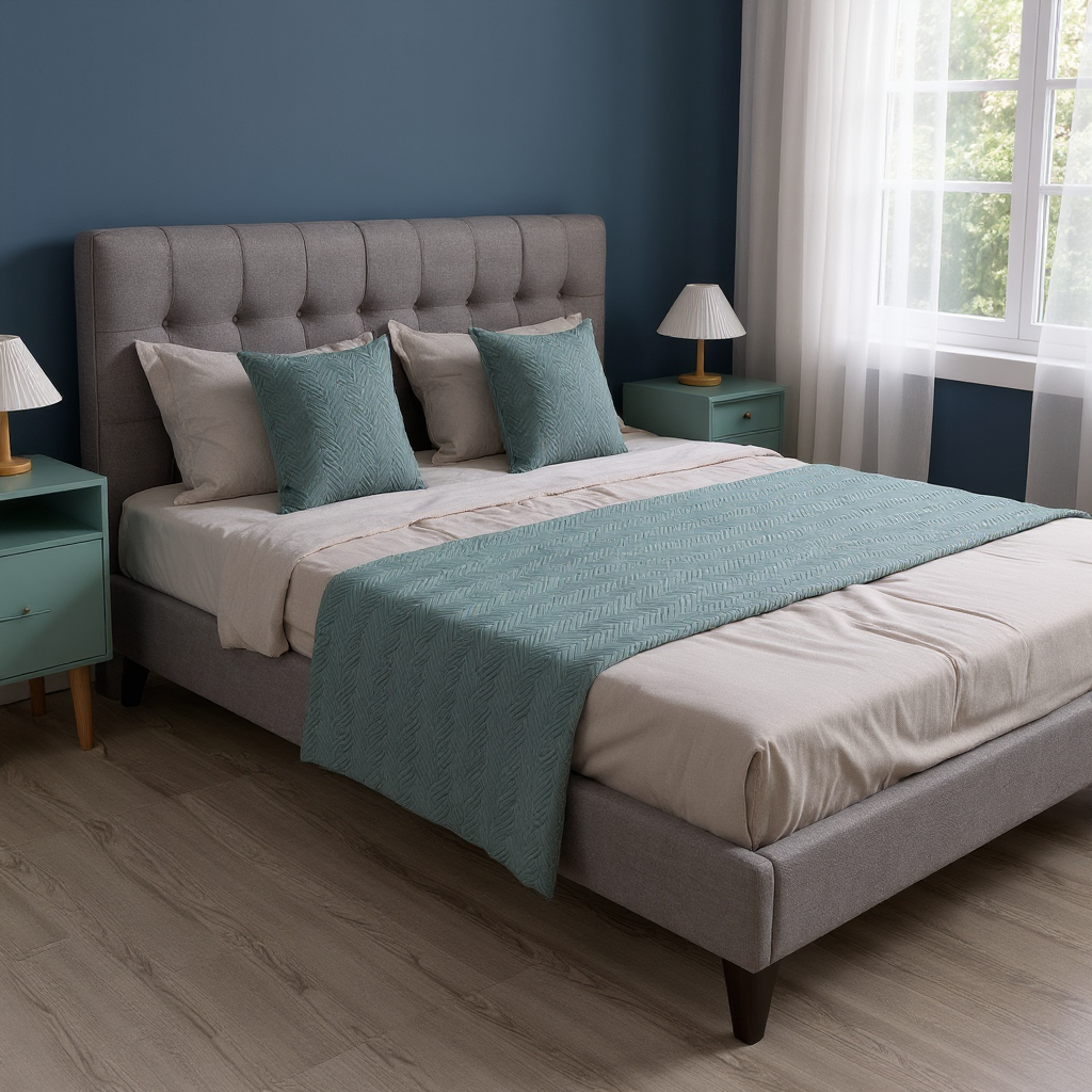 Set Pie De Cama Acolchado Verde + 2 Fundas Cojín Combinado-3