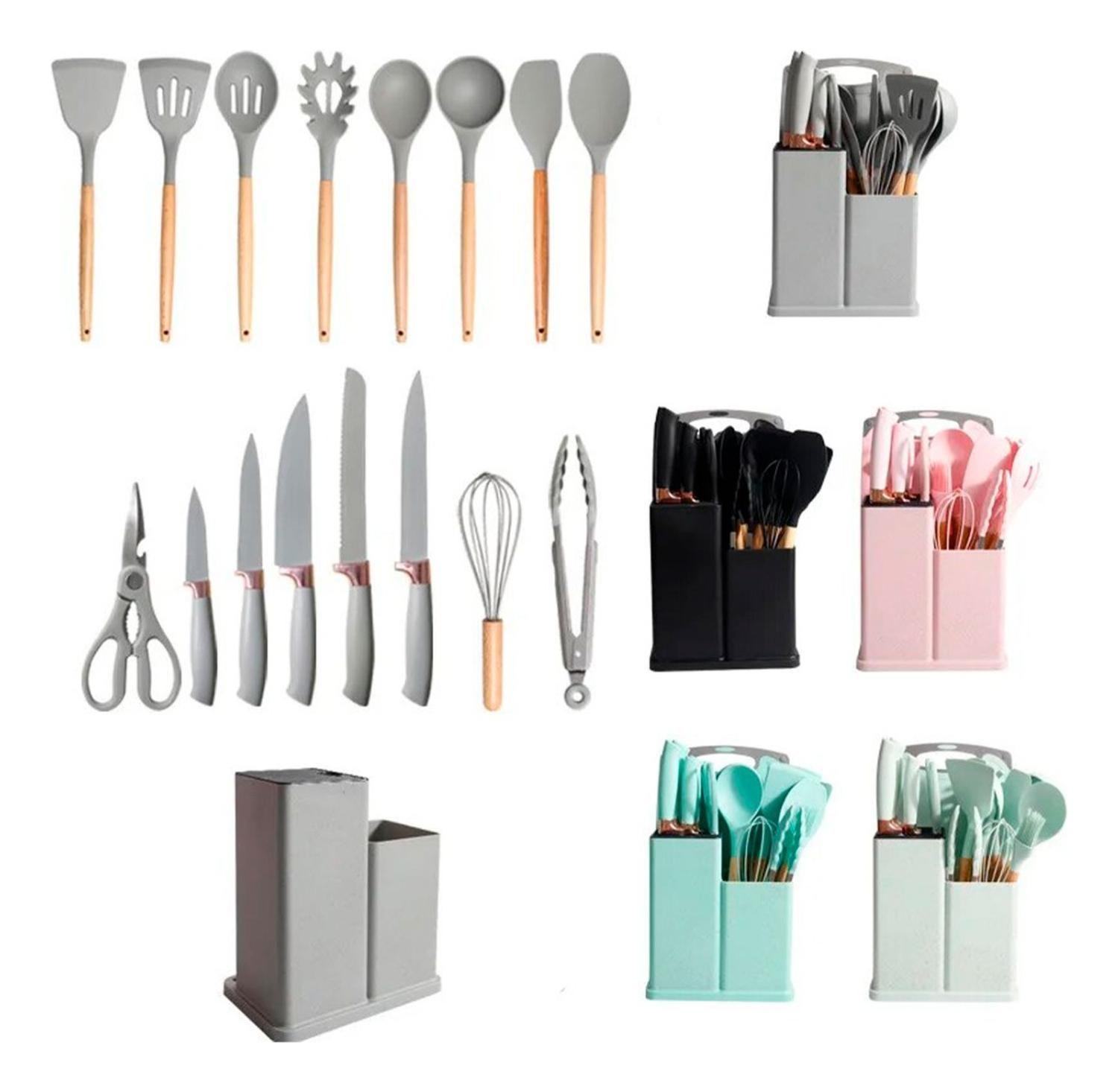 Set 18 Utensilios Cocina Mango Silicona Y Madera Colores-1