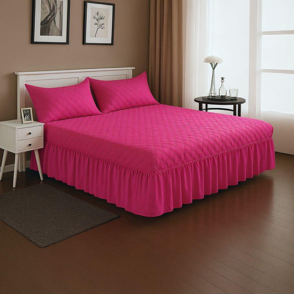 Faldón Cama Doble 2 Plazas Acolchado + 2 Fundas Fucsia-1