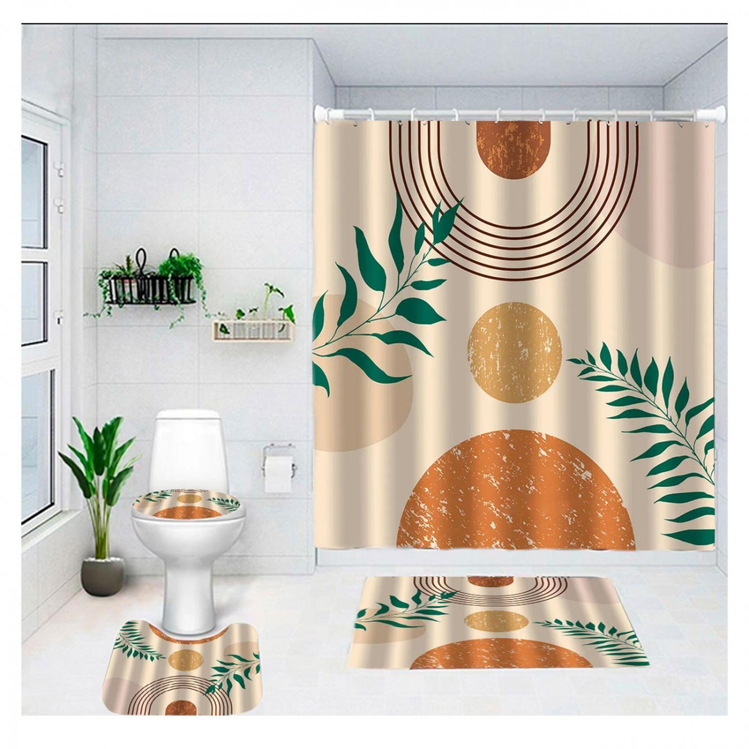 Cortina De Ducha + Set De Alfombra + Tapete Baño Hojas Estilo Nordico-1