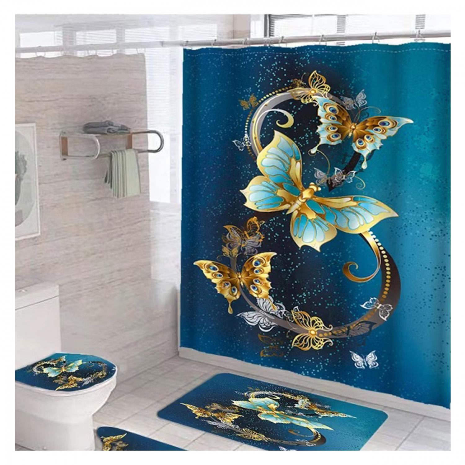Cortina De Ducha + Set De Alfombra + Tapete Baño Mariposas Doradas-1