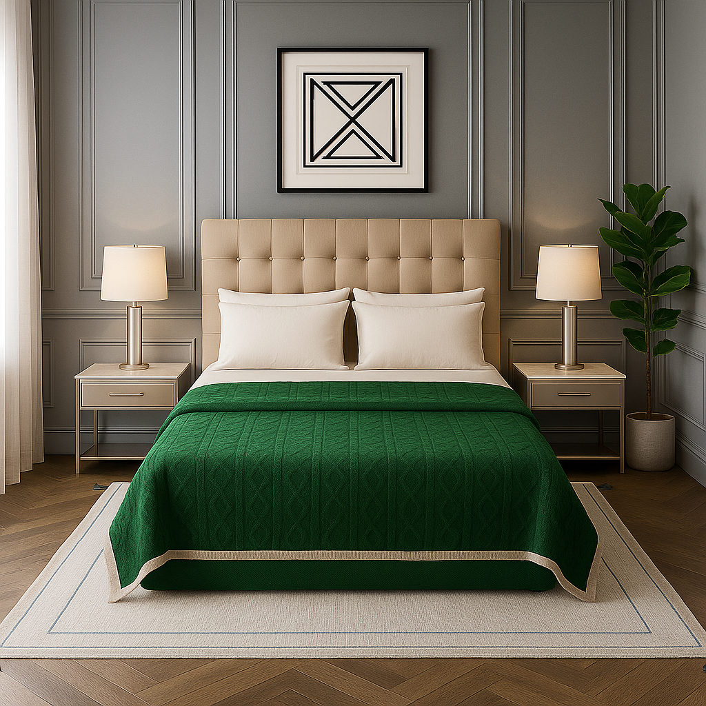Frazada Sherpa verde patrón geométrico 160x220 extra acolchada living Chile-1