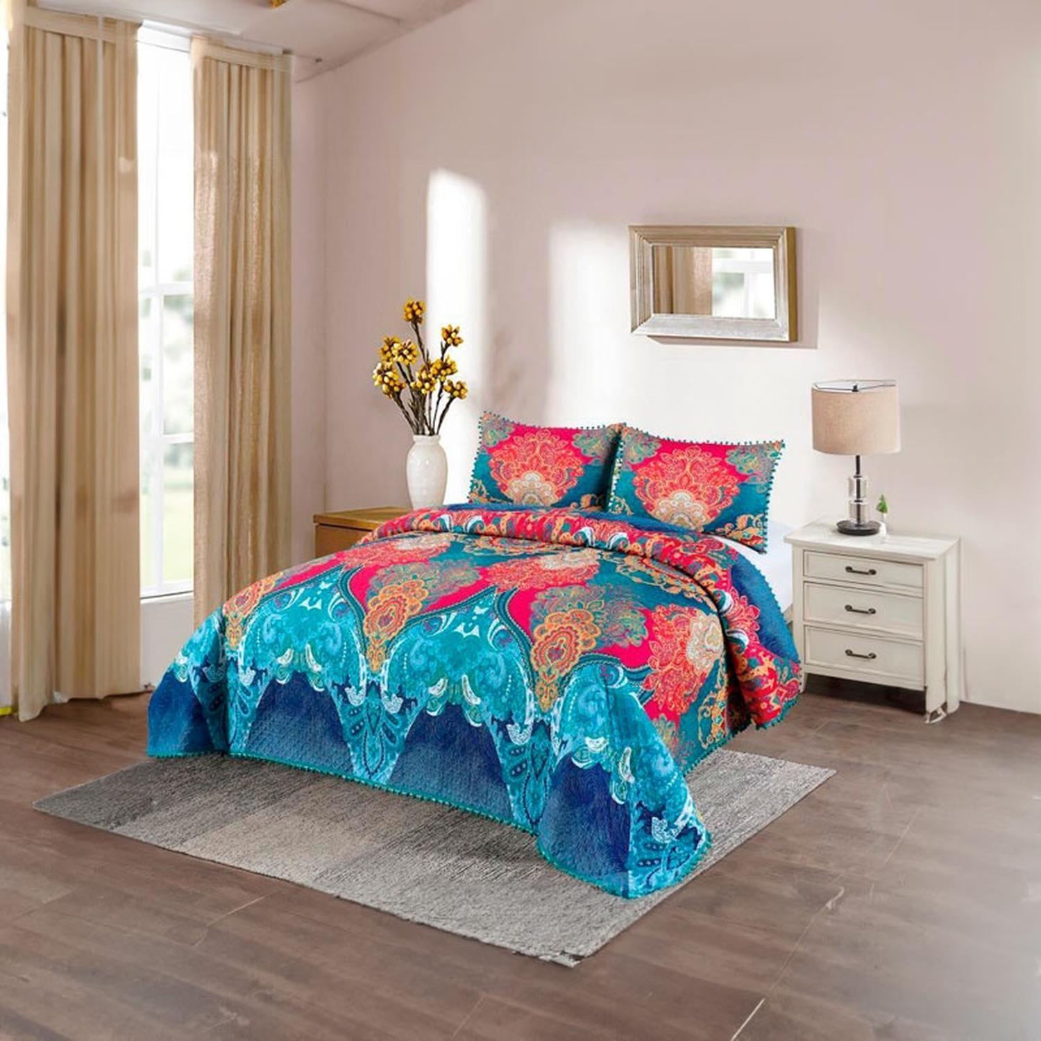 Cubrecama Quilt 2 Plazas Diseño Mandala Indu Con Pompones-1