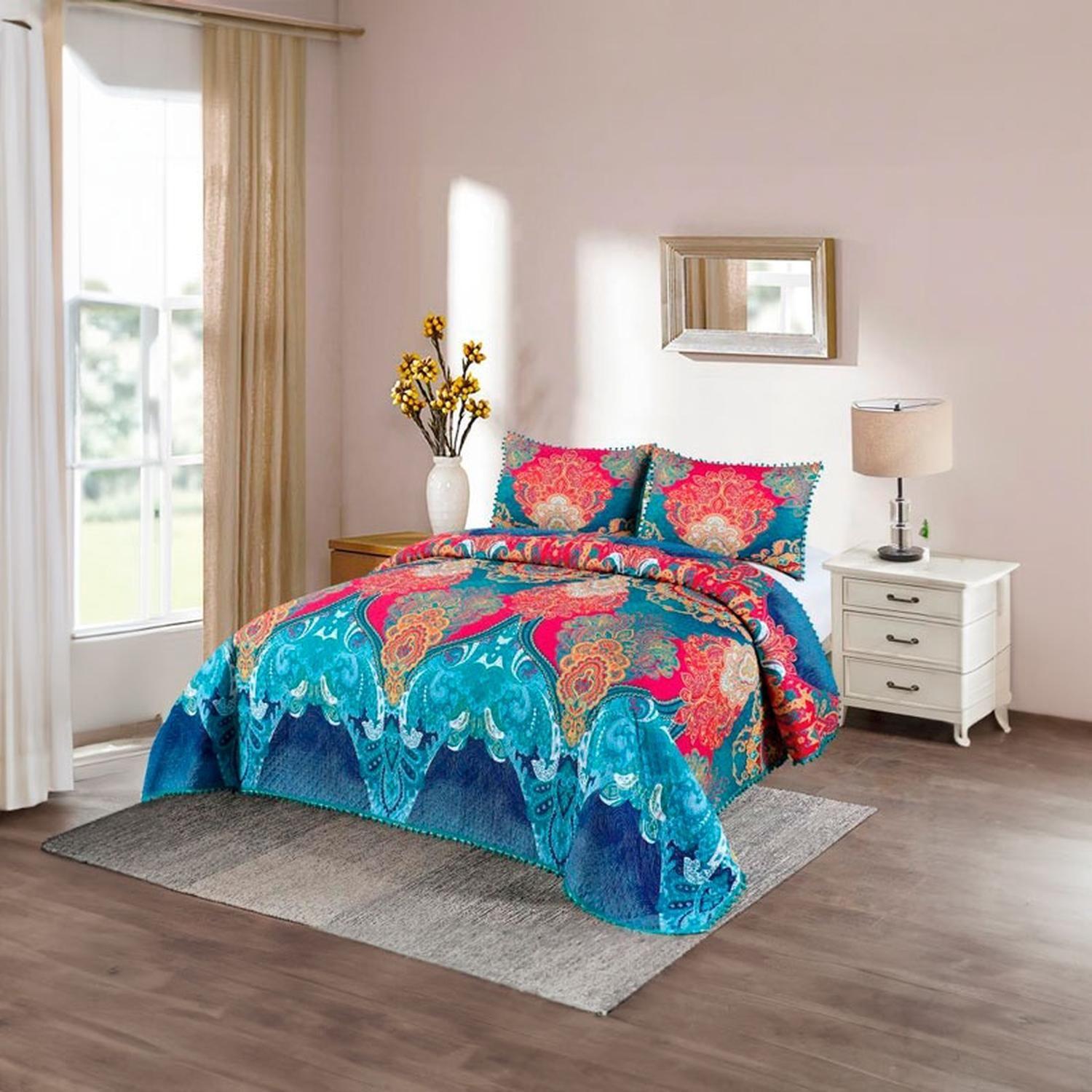 Cubrecama Quilt 2 Plazas Diseño Mandala Indu Con Pompones-2