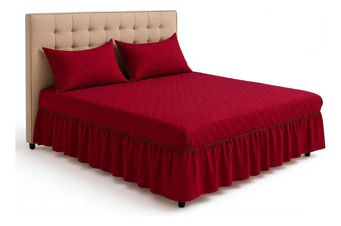 Faldón Cama Doble 2 Plazas Acolchado + 2 Fundas Burdeo-0