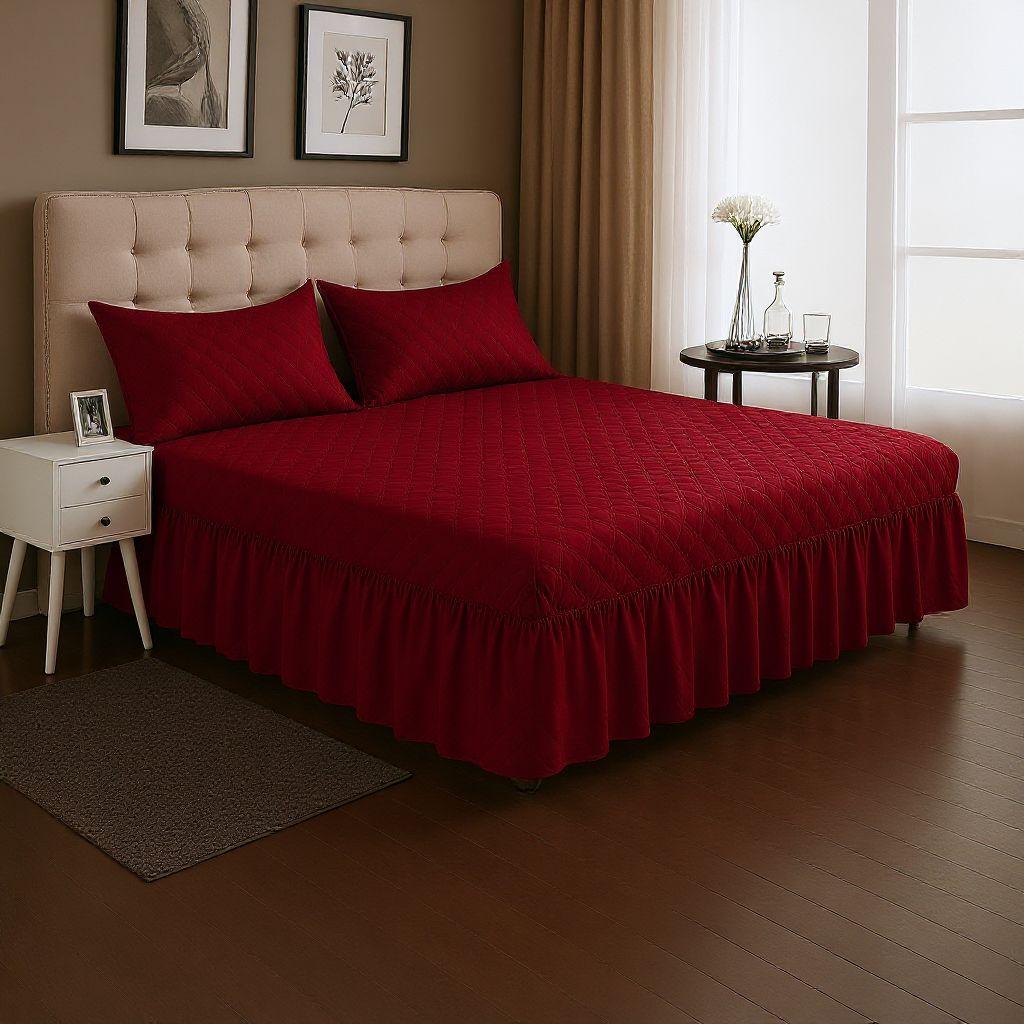 Faldón Cama Doble 2 Plazas Acolchado + 2 Fundas Burdeo-1