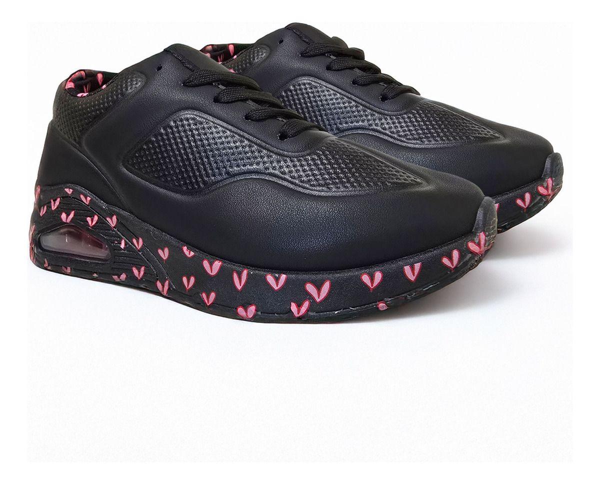 Zapatillas Urbanas Mujer | Negro con Diseño de Corazones - 7698-2
