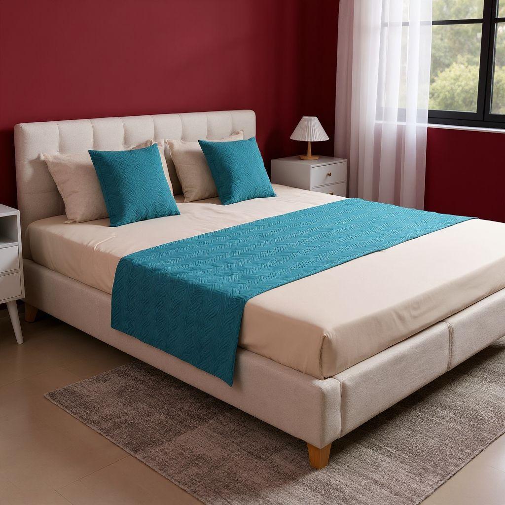 Set Pie De Cama Acolchado Turquesa + Fundas Cojín Combinado-2