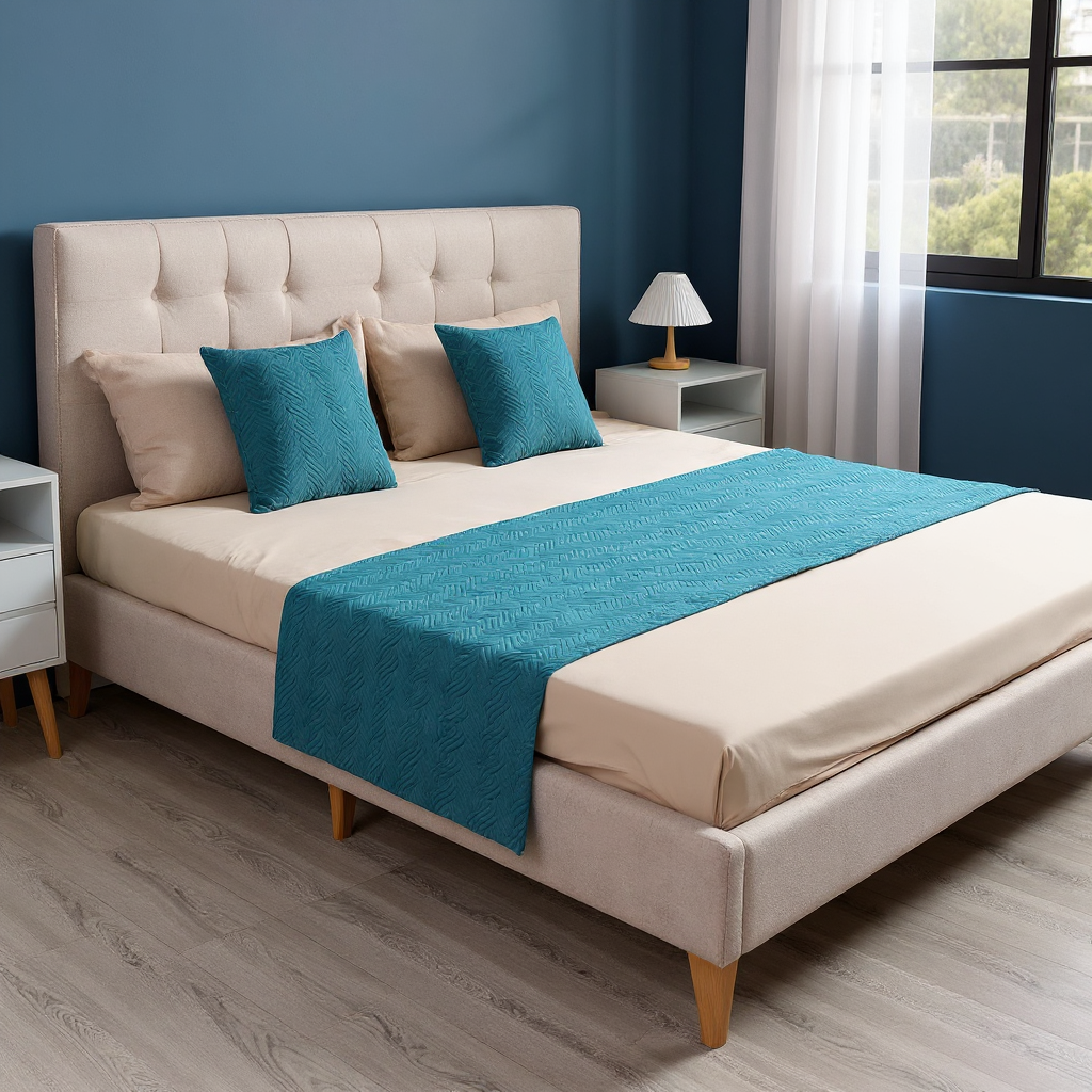 Set Pie De Cama Acolchado Turquesa + Fundas Cojín Combinado-3