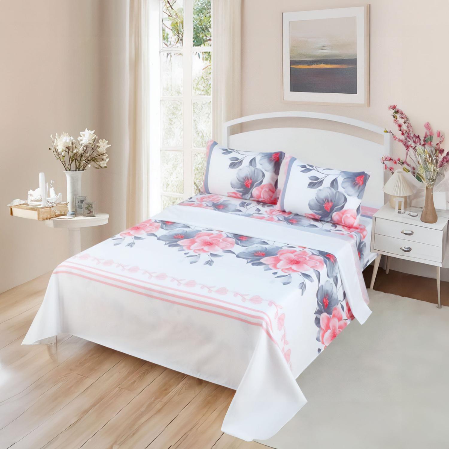 JUEGO DE SABANAS 1.5 ALGODON 200 HILOS FLORES ROSA 594-1