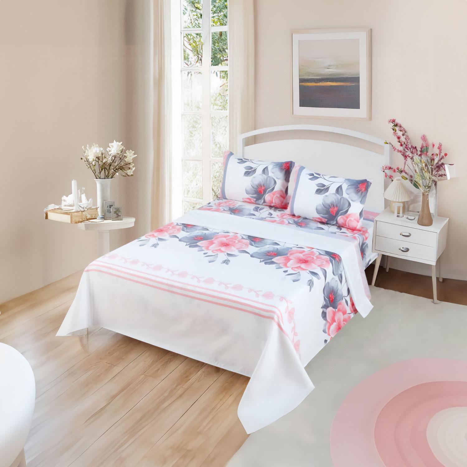 JUEGO DE SABANAS 1.5 ALGODON 200 HILOS FLORES ROSA 594-2