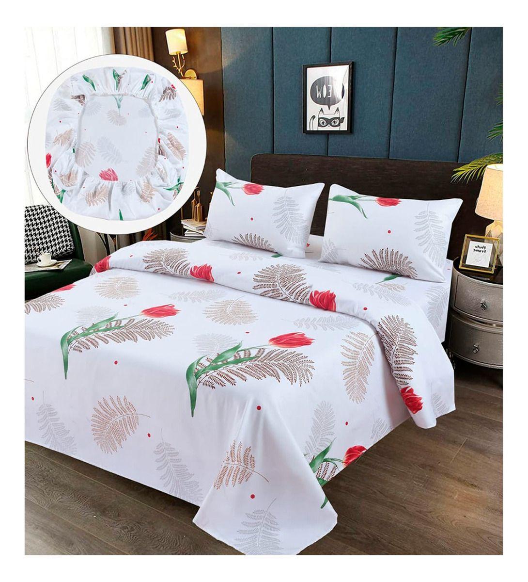 Sabanas Premium 100% Algodón 1.5 Plazas - Blanca Rosas-0