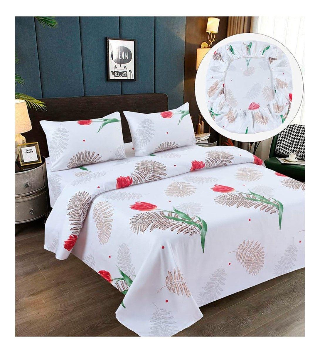 Sabanas Premium 100% Algodón 1.5 Plazas - Blanca Rosas-1