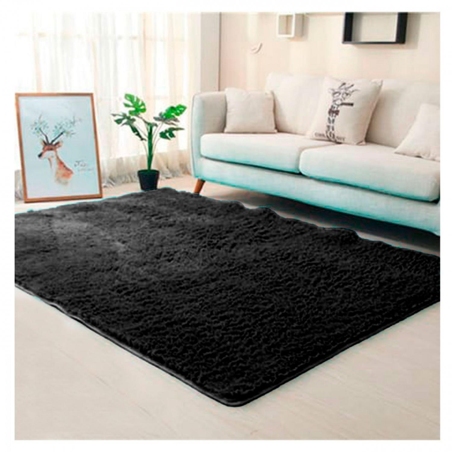 Alfombra Peluda Suave Decorativa Hogar Oficina 180x200 Negro-0