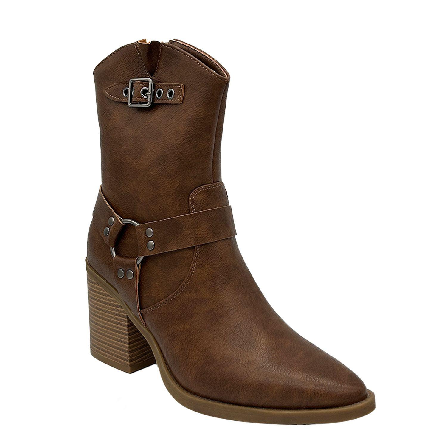 Bota Cowboy para Mujer Color Café con Hebilla y Aros-0