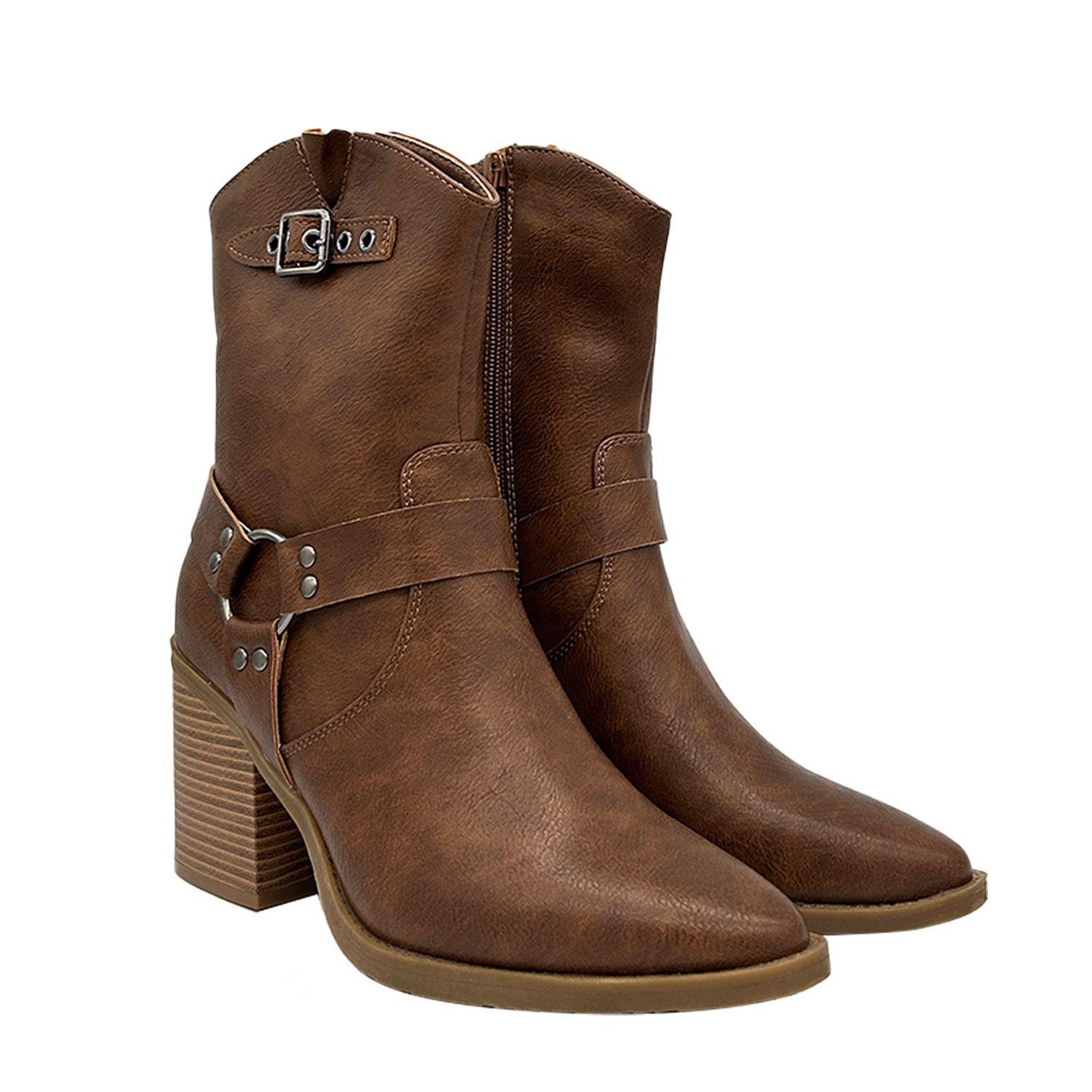 Bota Cowboy para Mujer Color Café con Hebilla y Aros-1