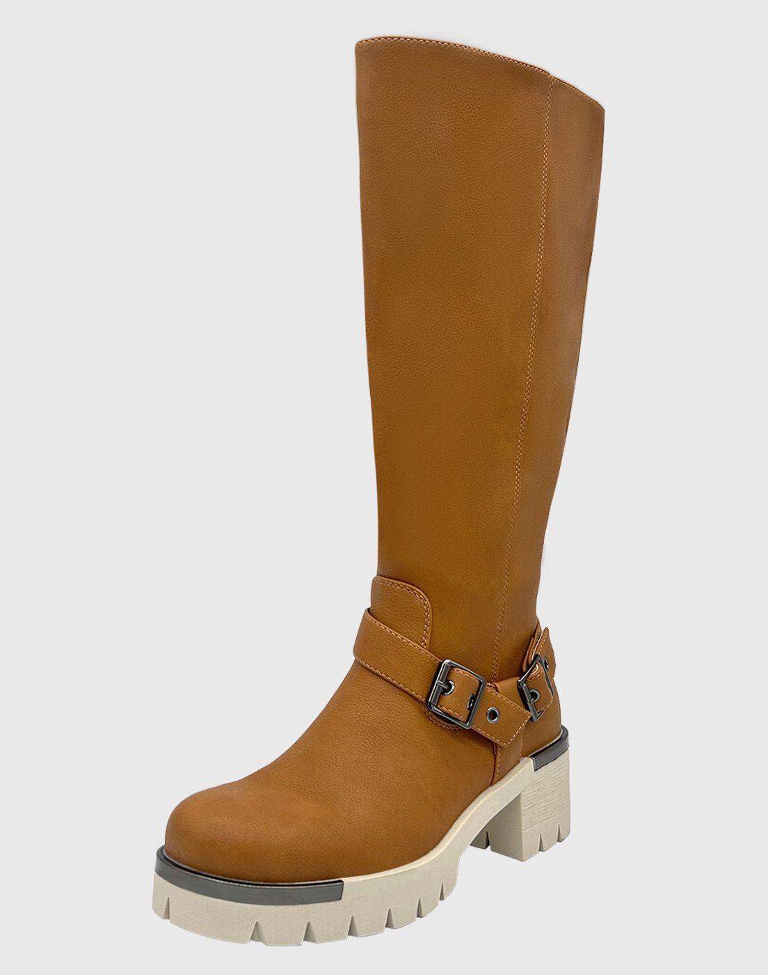 Bota para mujer Cafe bajo la rodilla correa con hebilla-0