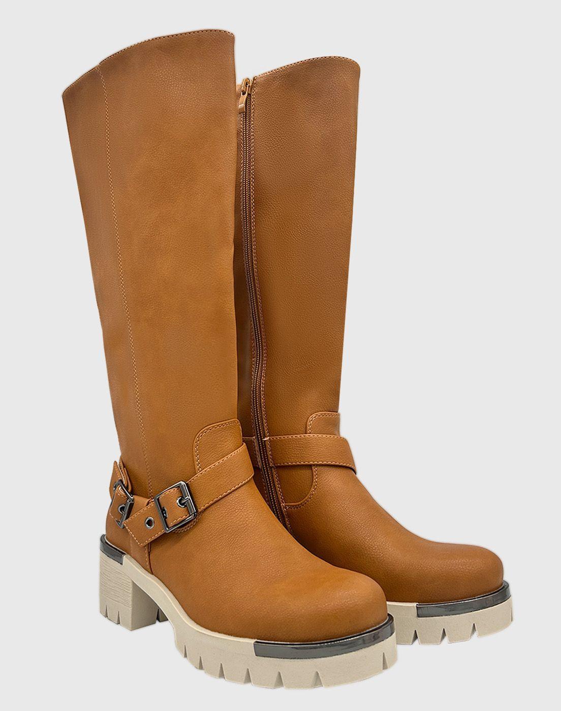 Bota para mujer Cafe bajo la rodilla correa con hebilla-1