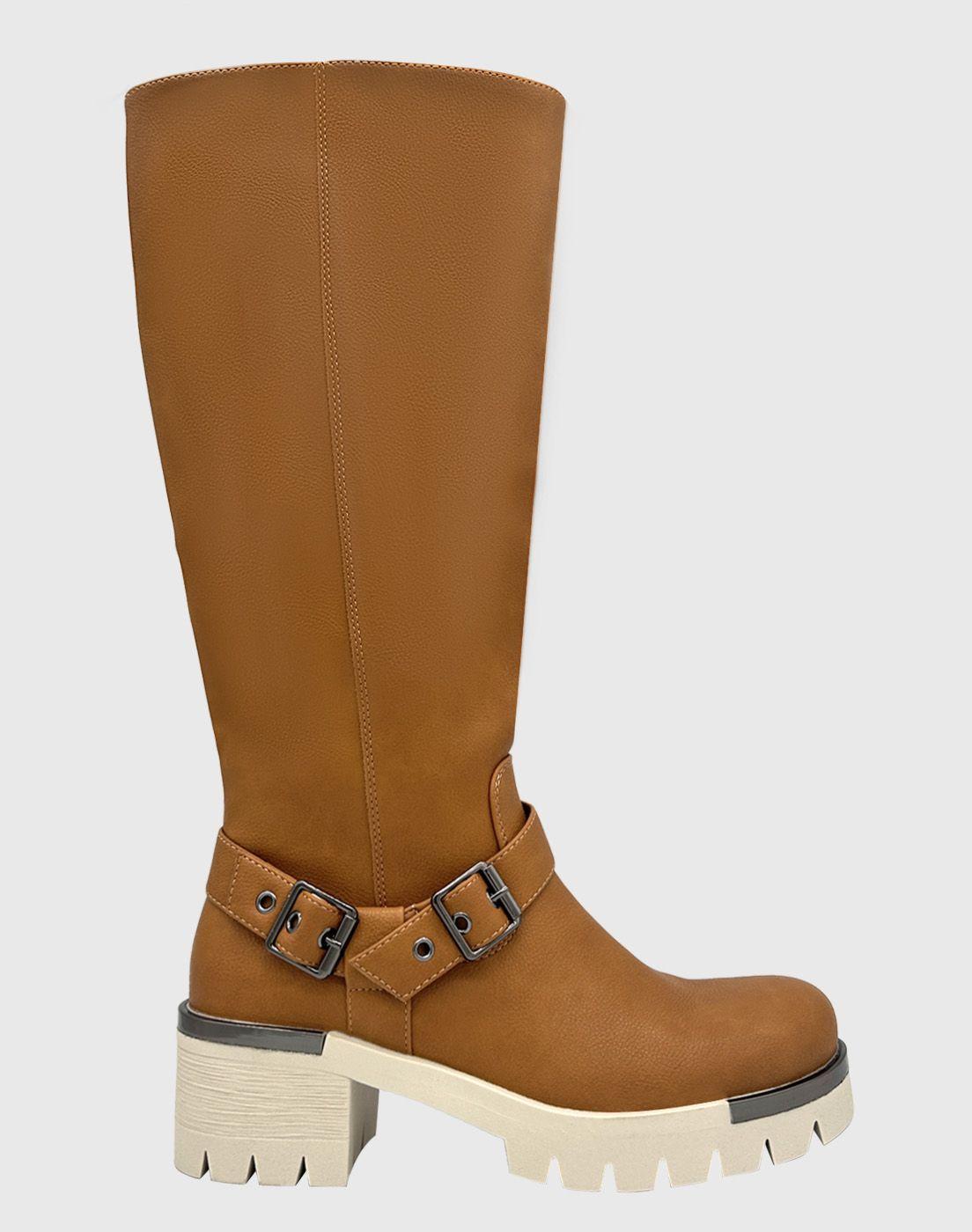 Bota para mujer Cafe bajo la rodilla correa con hebilla-2