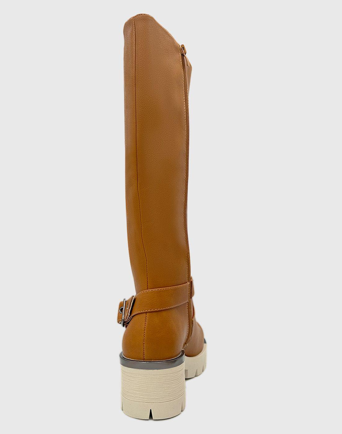 Bota para mujer Cafe bajo la rodilla correa con hebilla-3