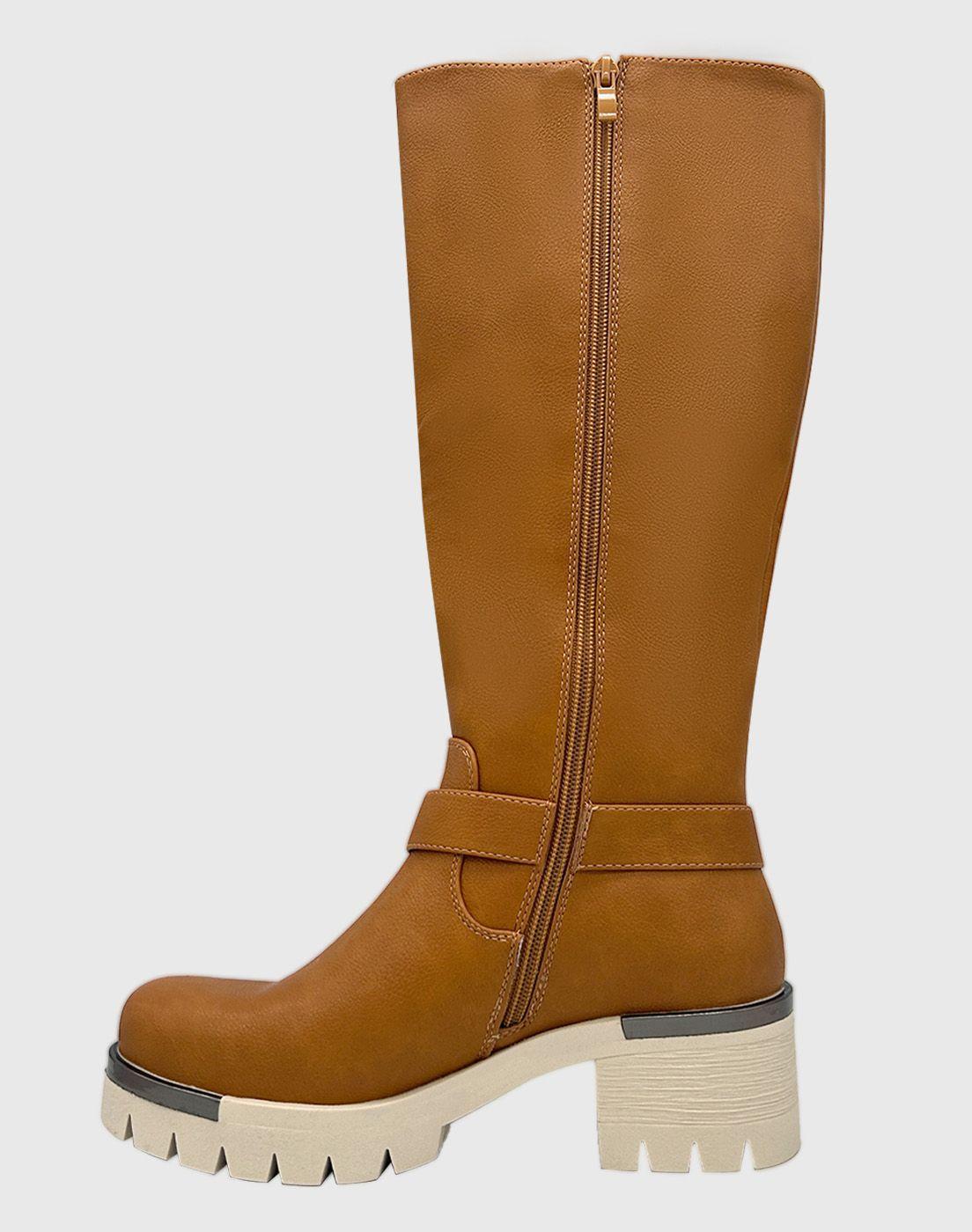 Bota para mujer Cafe bajo la rodilla correa con hebilla-4