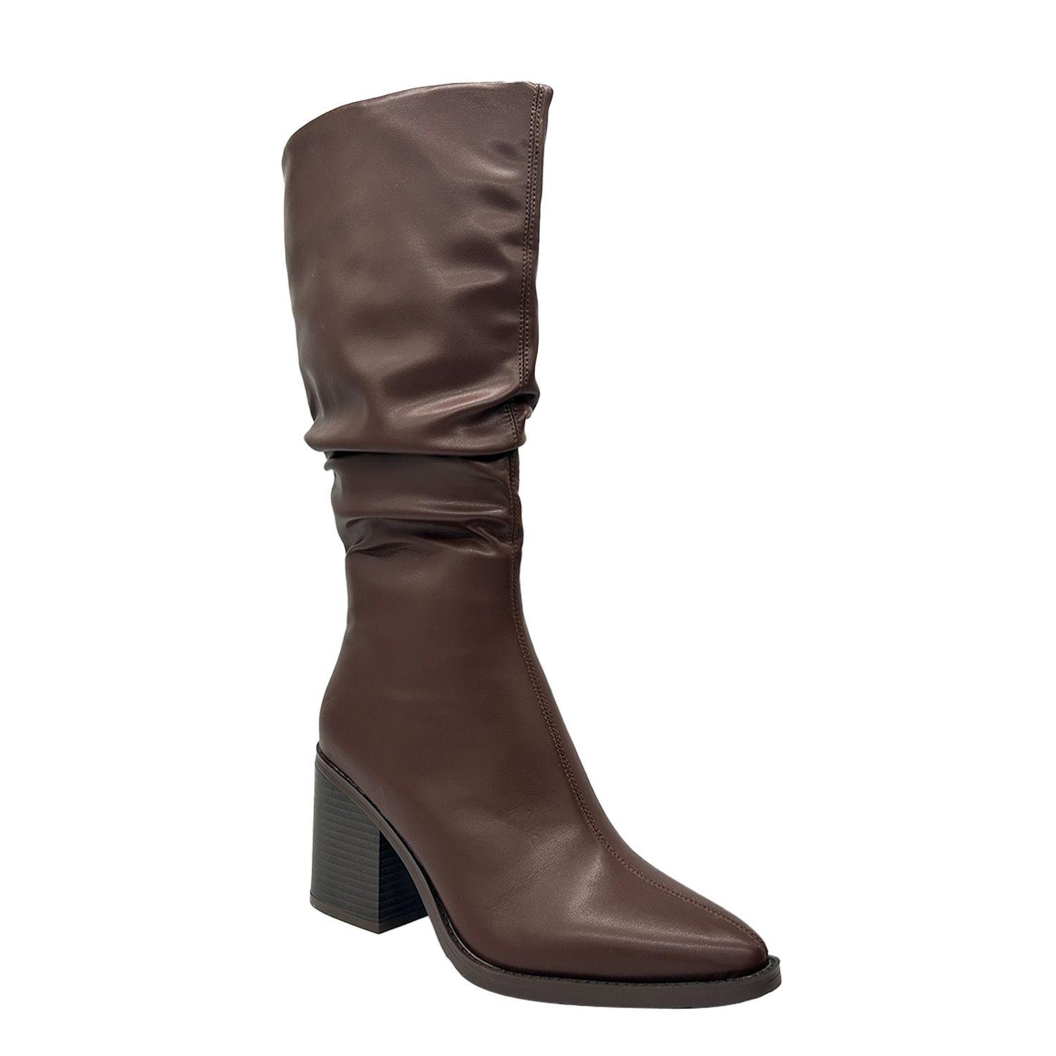 Bota de Mujer color Cafe Caña Alta con Diseño Arrugado y-0