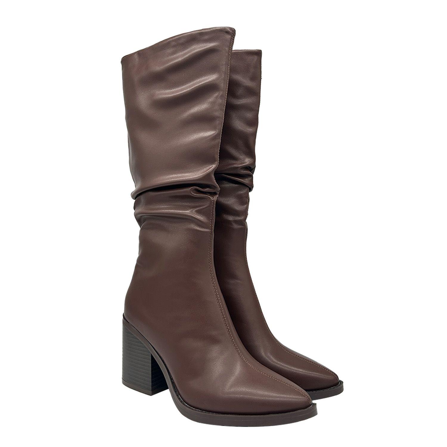 Bota de Mujer color Cafe Caña Alta con Diseño Arrugado y-1