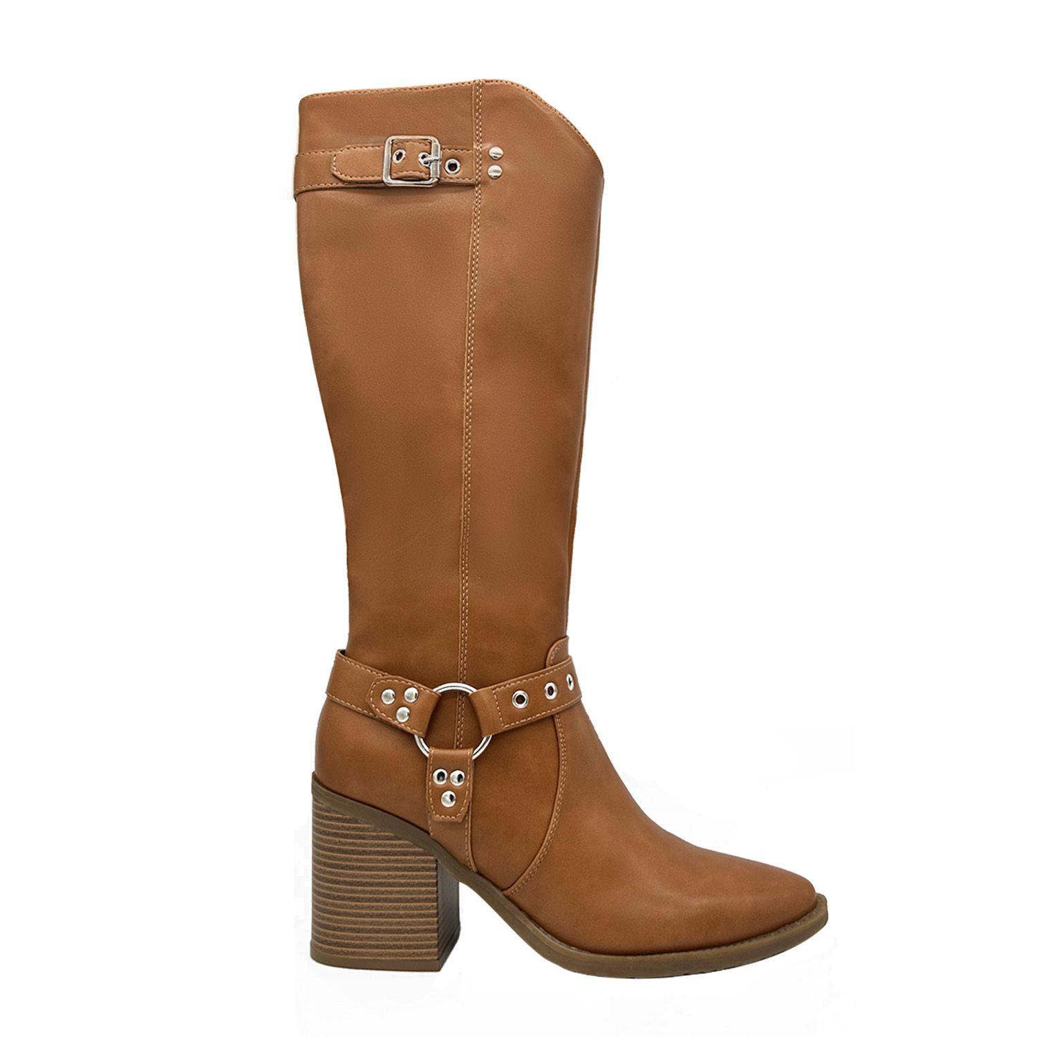 Bota de Mujer color cafe Caña Alta con Hebilla y Tachas-2
