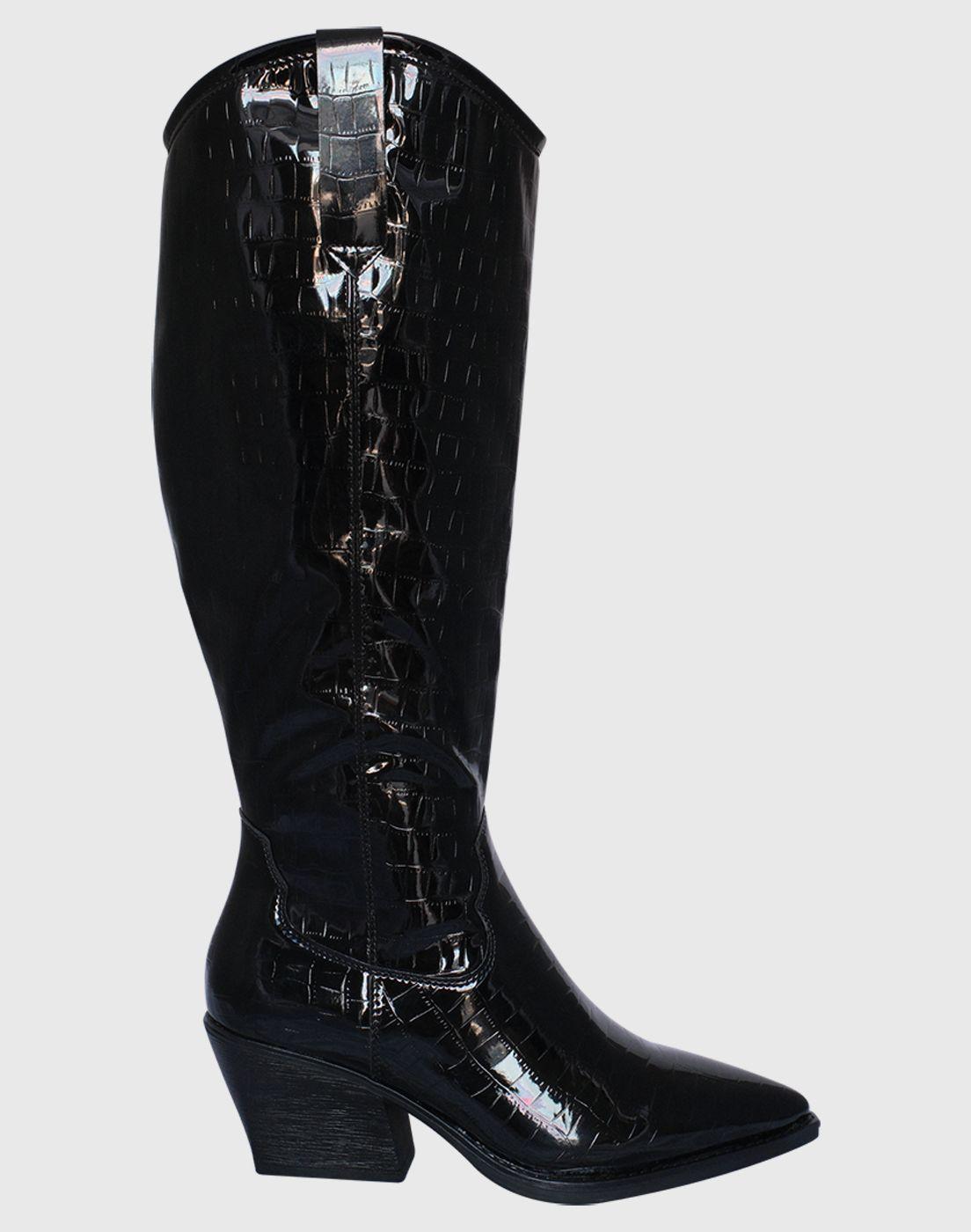 Bota caña alta color negro con taco cómodo para mujer-0