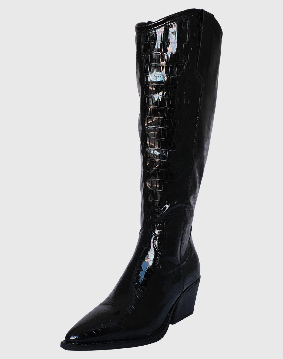Bota caña alta color negro con taco cómodo para mujer-1