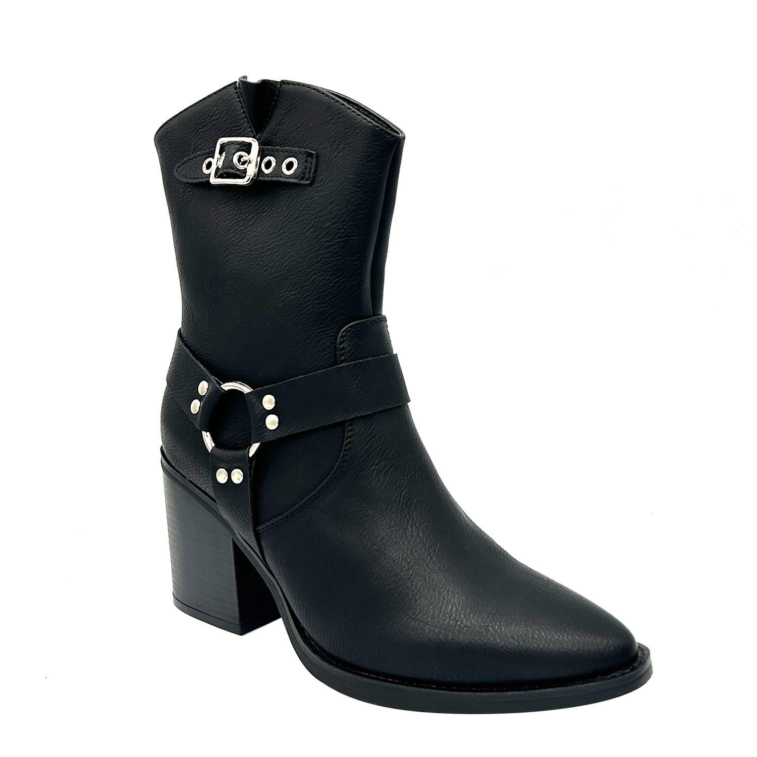 Bota Cowboy para Mujer Color Negro con Hebilla y Aros-0