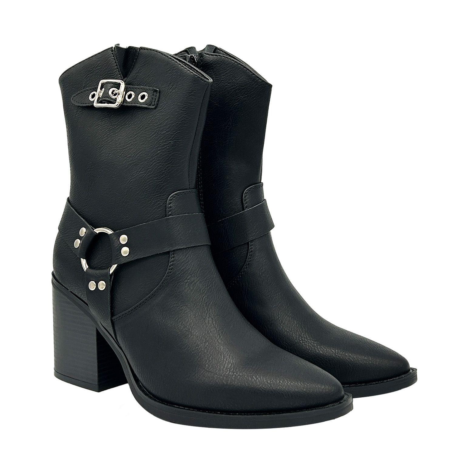 Bota Cowboy para Mujer Color Negro con Hebilla y Aros-1