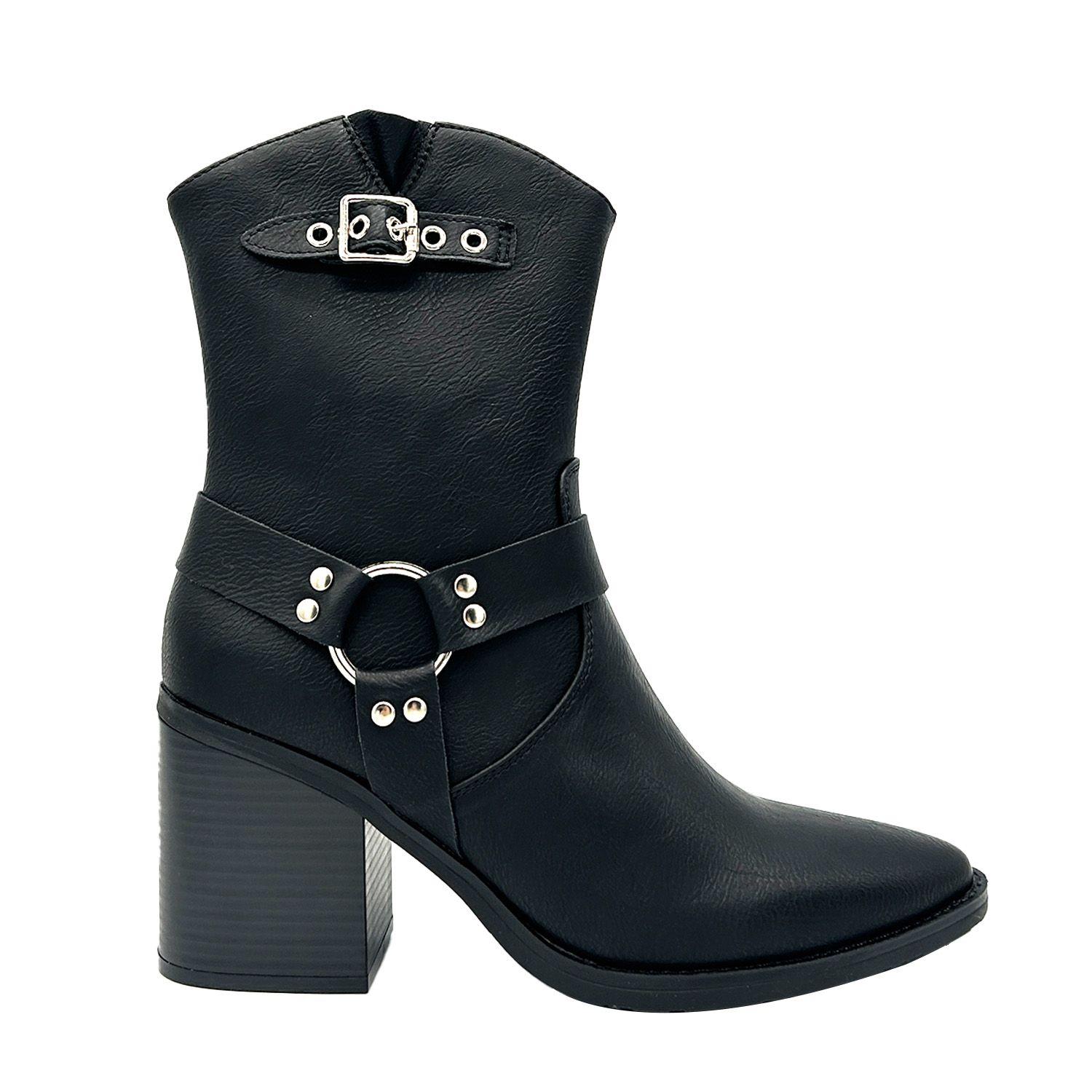 Bota Cowboy para Mujer Color Negro con Hebilla y Aros-2