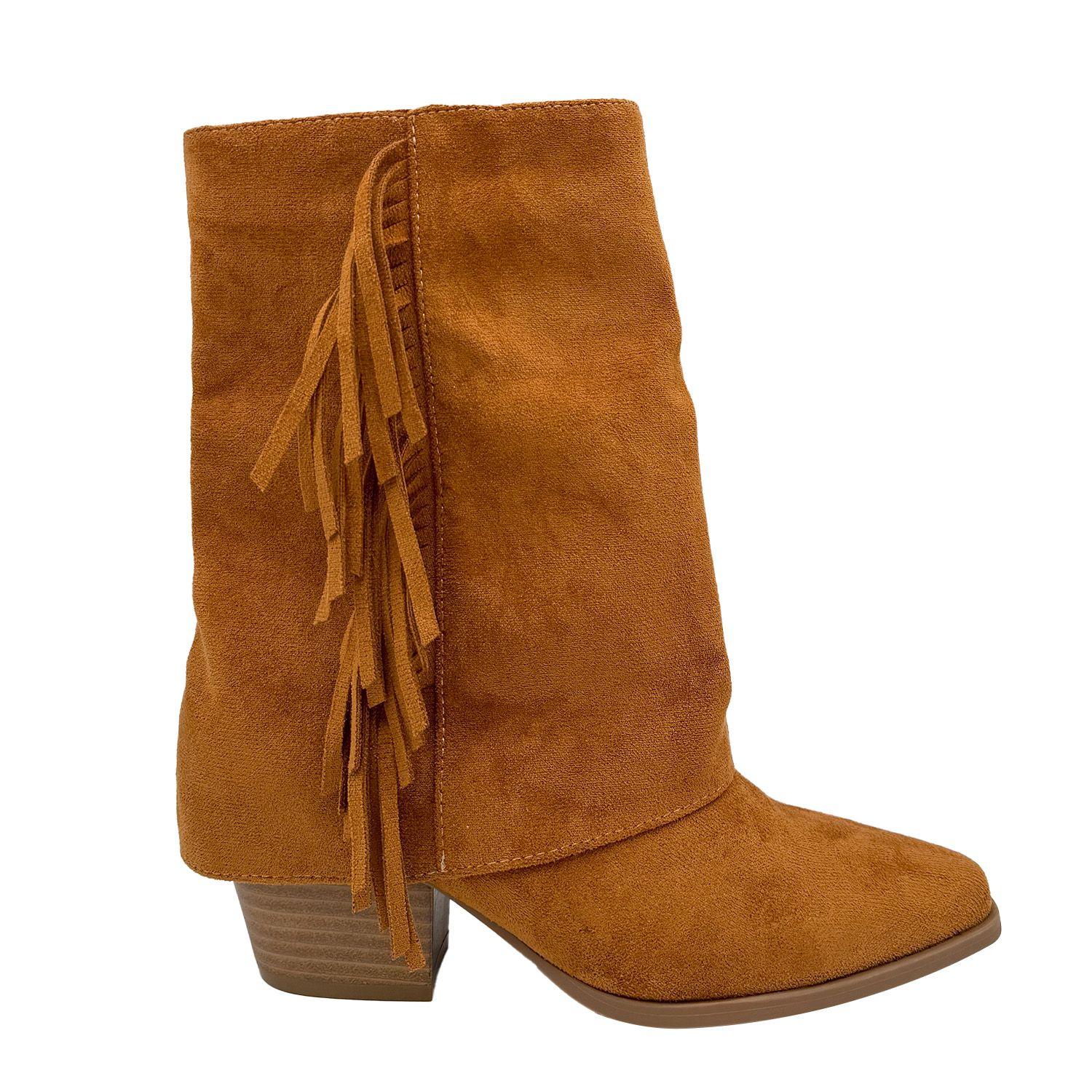 Botin alto para mujer flecos tapada Camel-0