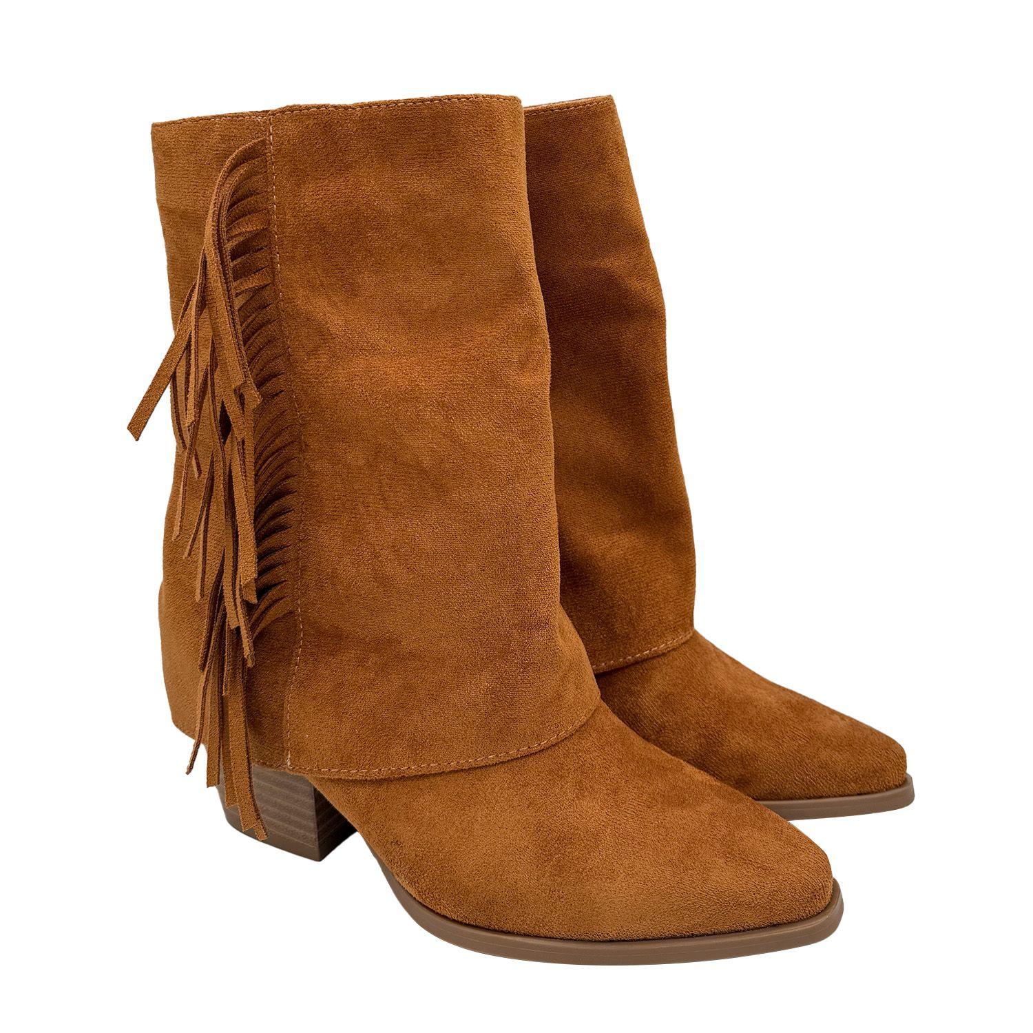 Botin alto para mujer flecos tapada Camel-1
