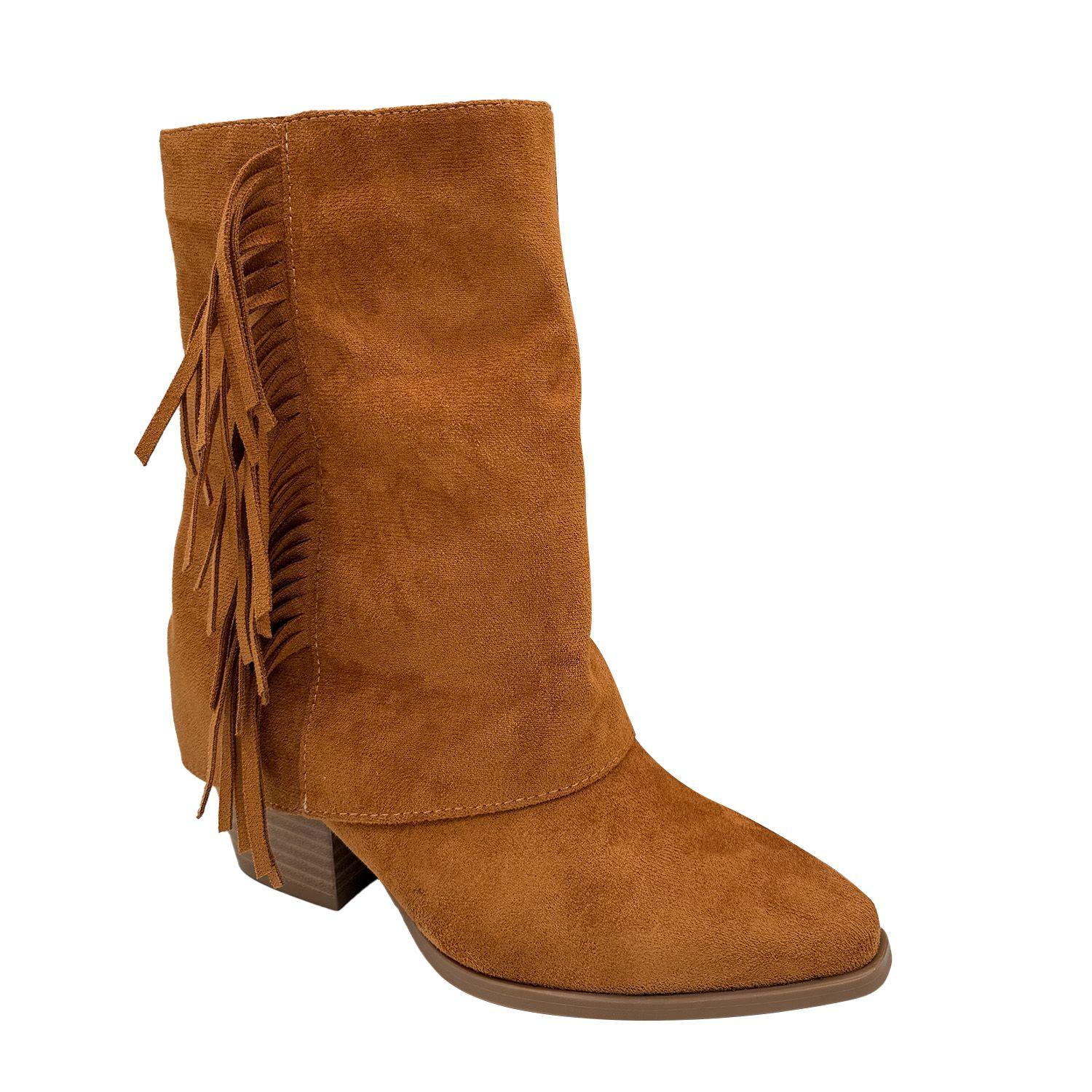 Botin alto para mujer flecos tapada Camel-2