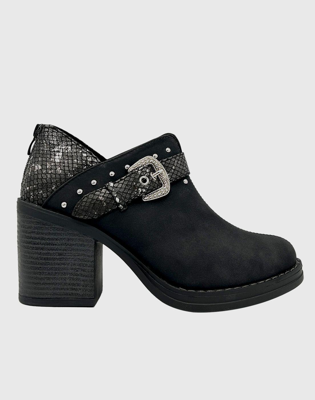 Botin para mujer con taco y hebilla campera Negro Danicolle-3