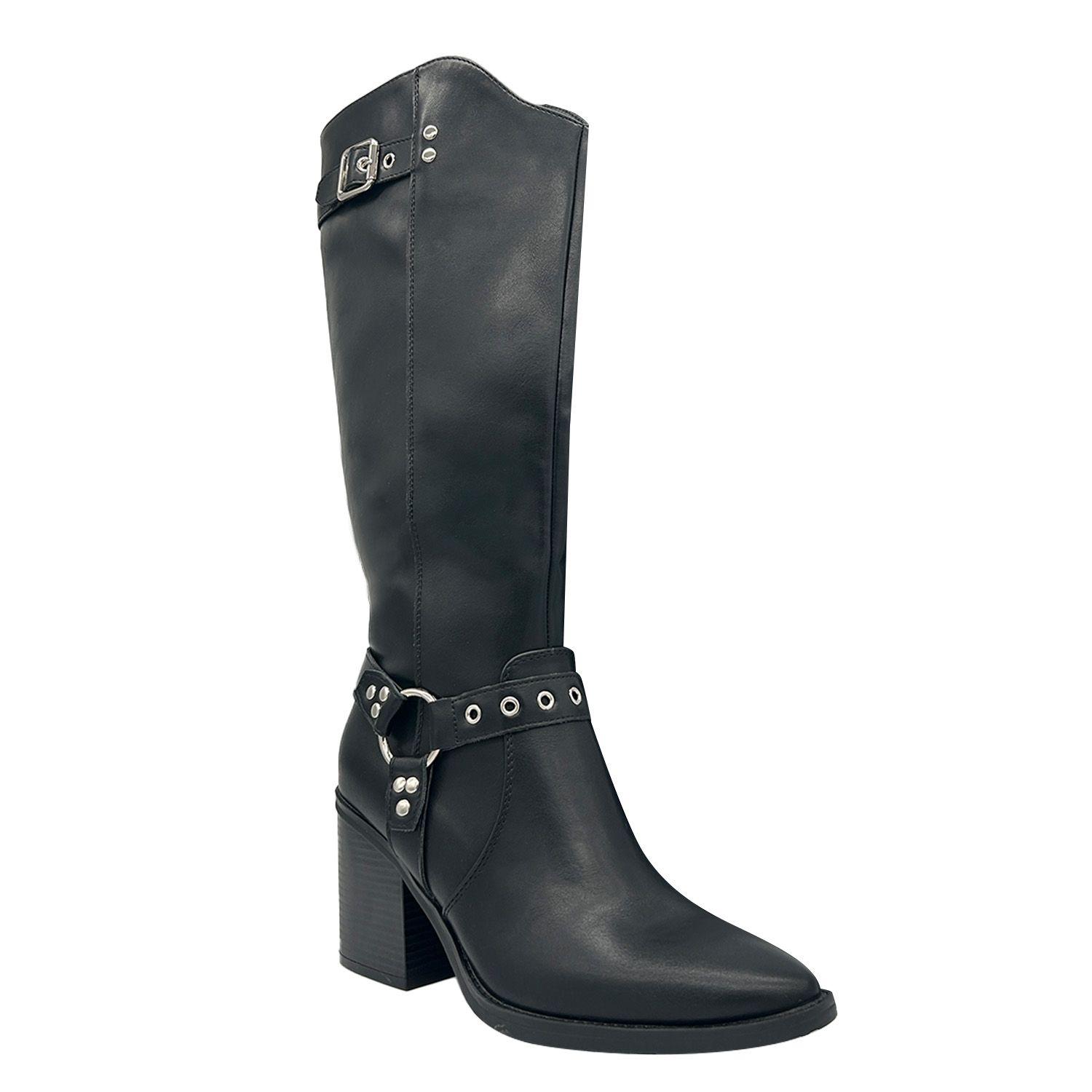 Bota de Mujer color Negro Caña Alta con Hebilla y Tachas-0