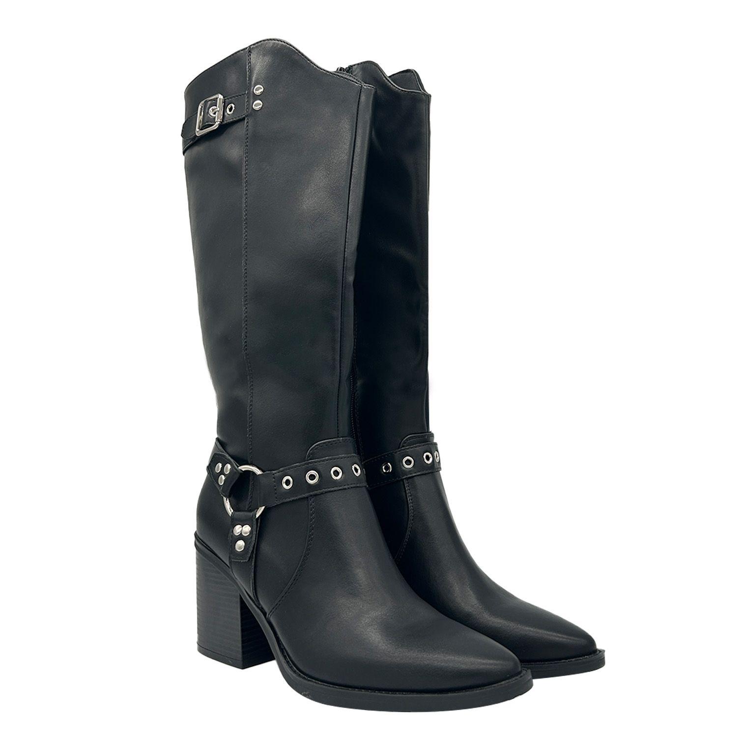 Bota de Mujer color Negro Caña Alta con Hebilla y Tachas-1