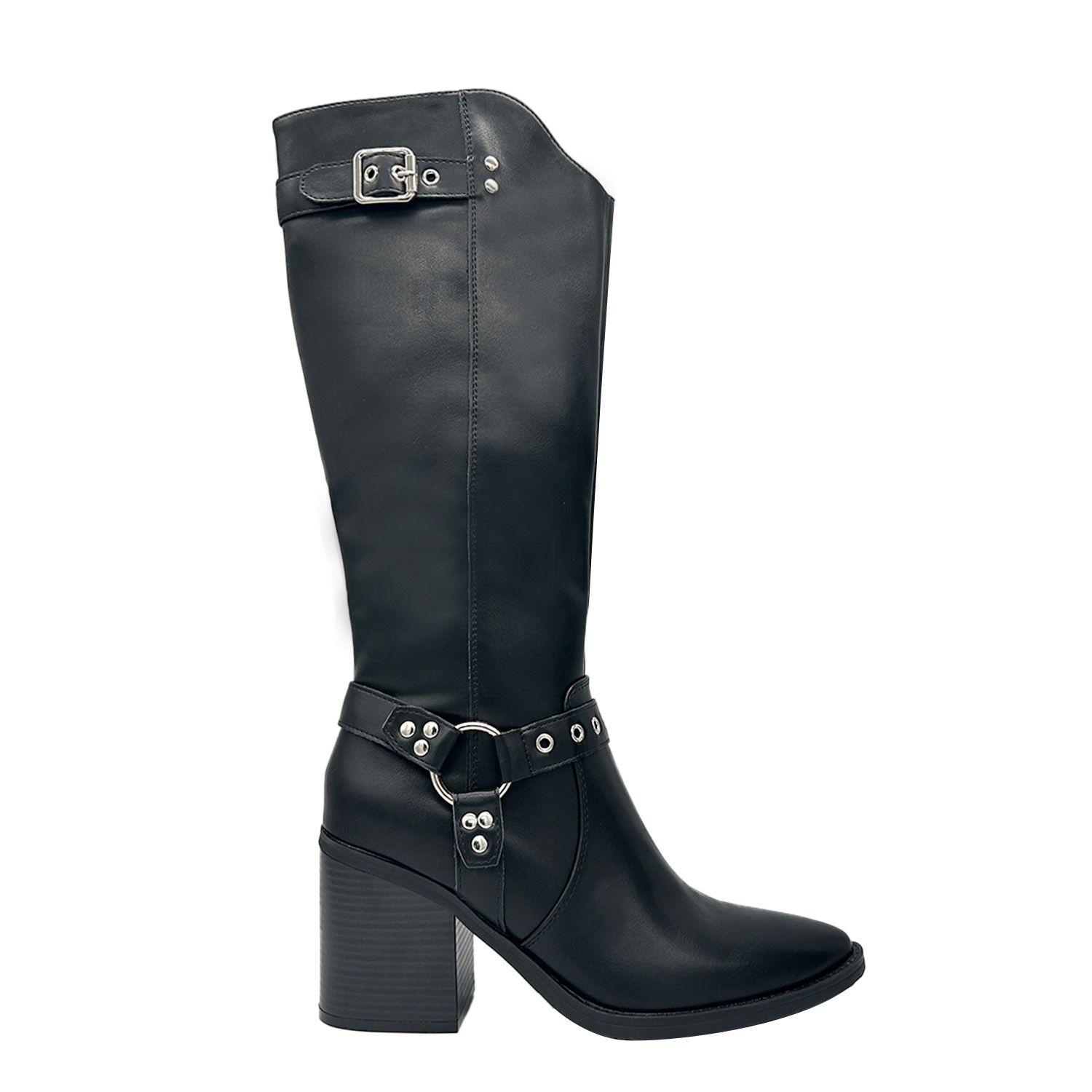 Bota de Mujer color Negro Caña Alta con Hebilla y Tachas-2